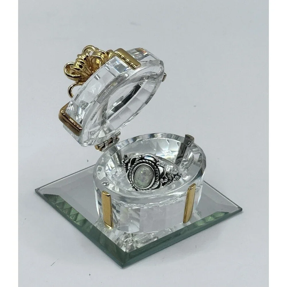Glass Trinket Box Gold Bow Hinged Jewelry Holder Ring Box w Mirror